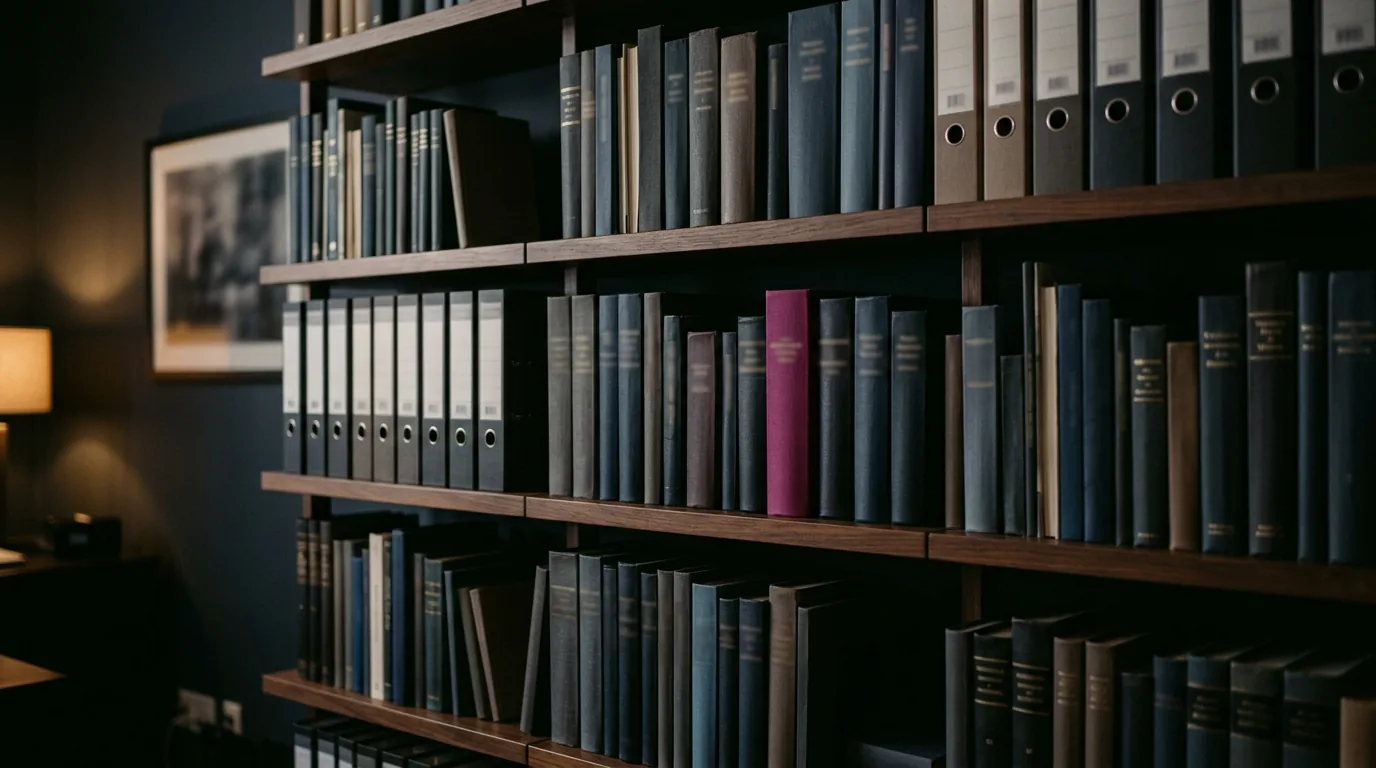 1200x700px Regal mit Fachliteratur und Ordnern, gedämpftes Licht