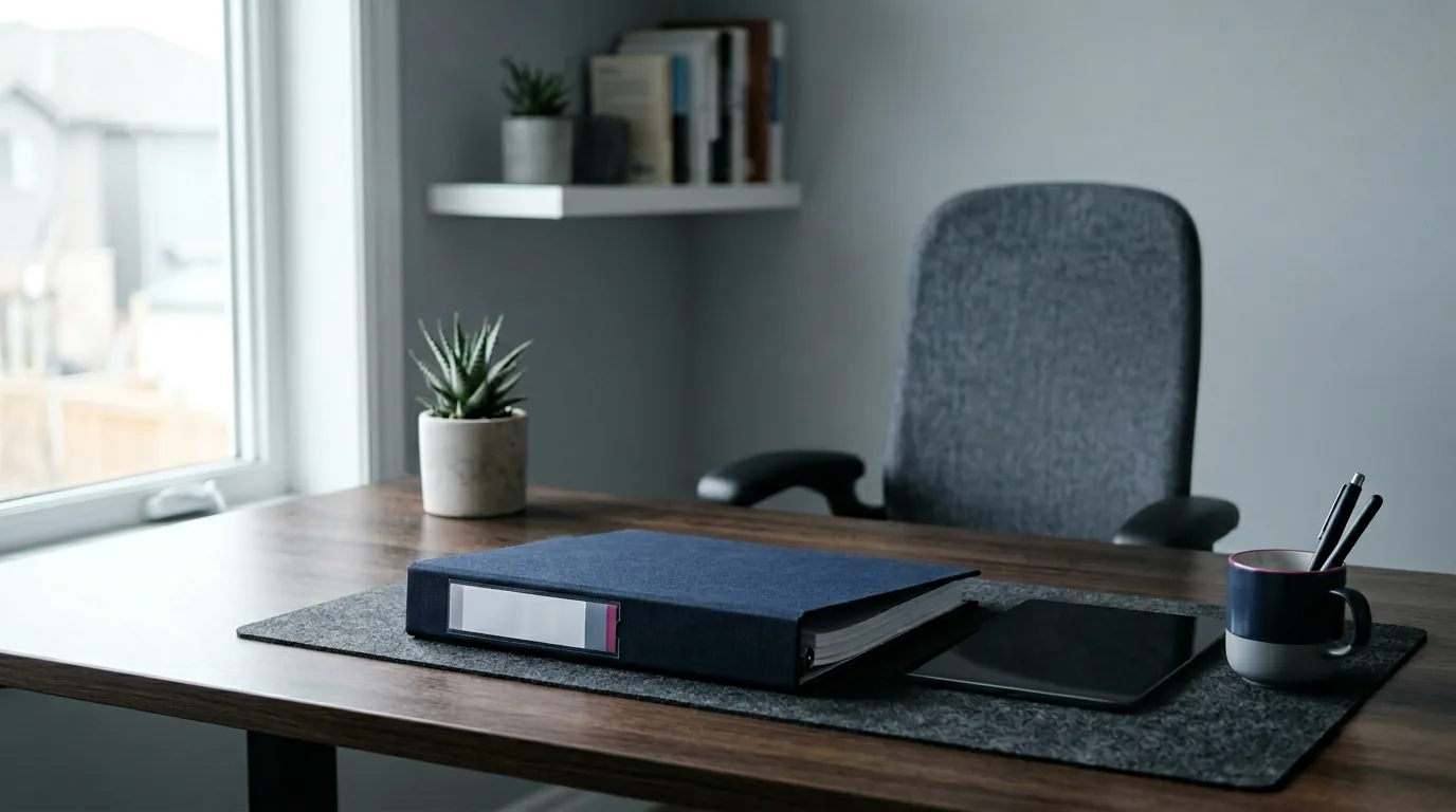 1200x900px ruhiger Arbeitsplatz mit Polisordner und Tablet, neutral beleuchtet