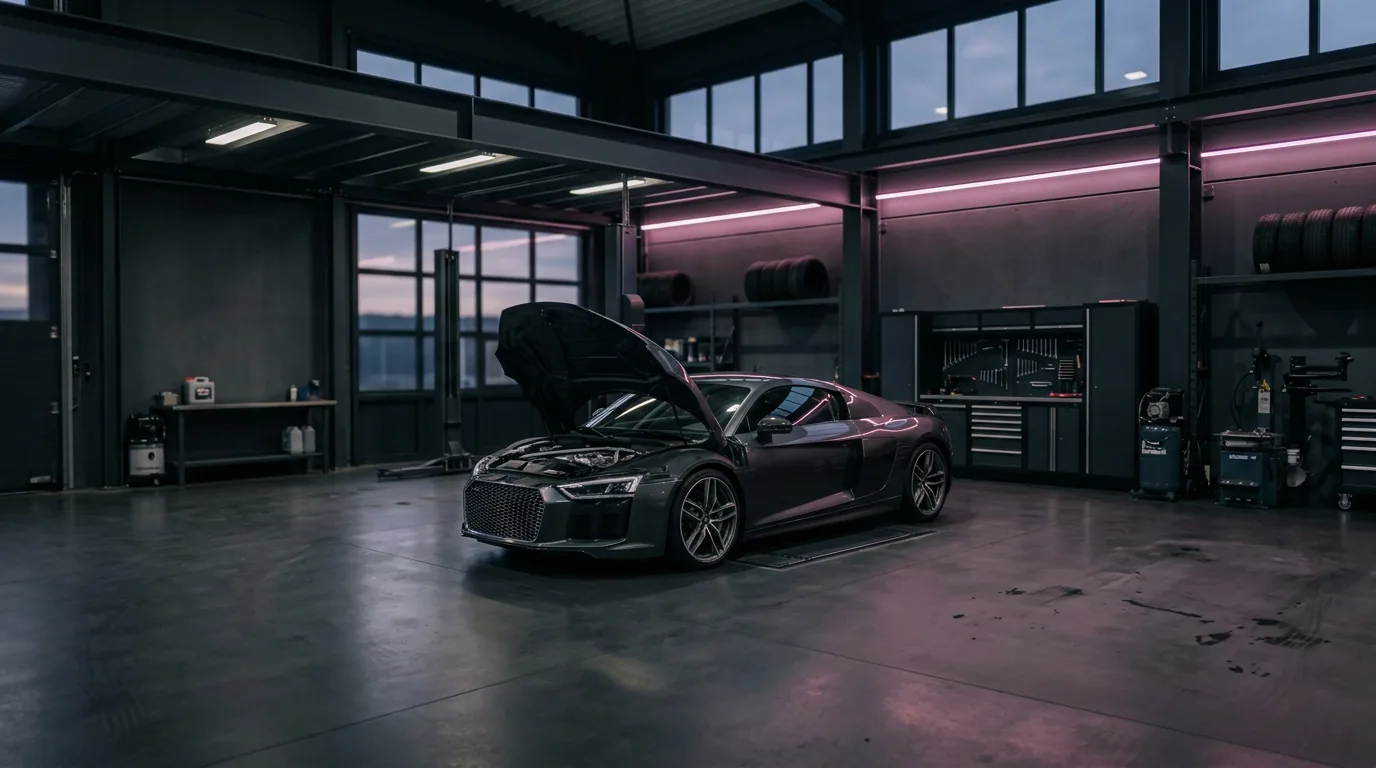 1200x675px Werkstatt mit geöffneter Motorhaube, sachlich, weiches Licht