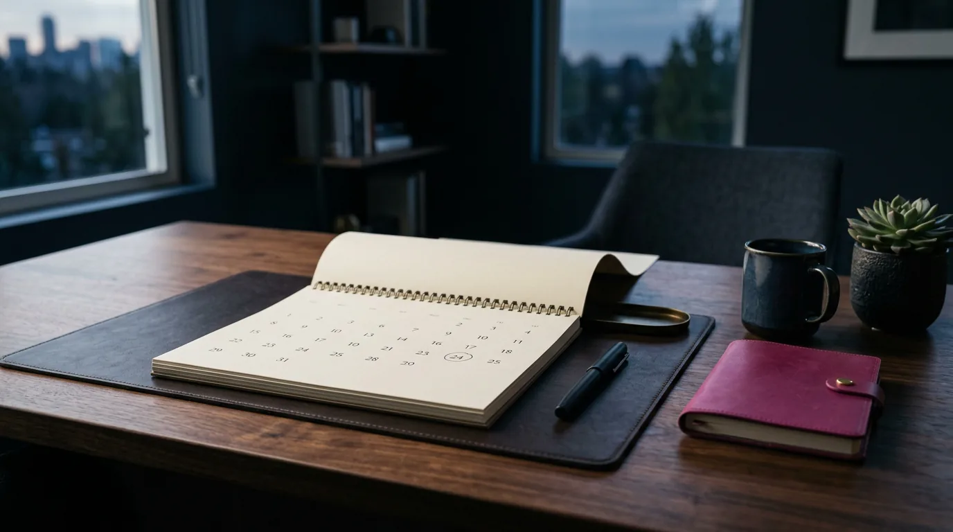 1200x675px Kalender und Stift auf einem Schreibtisch, unscharfer Hintergrund