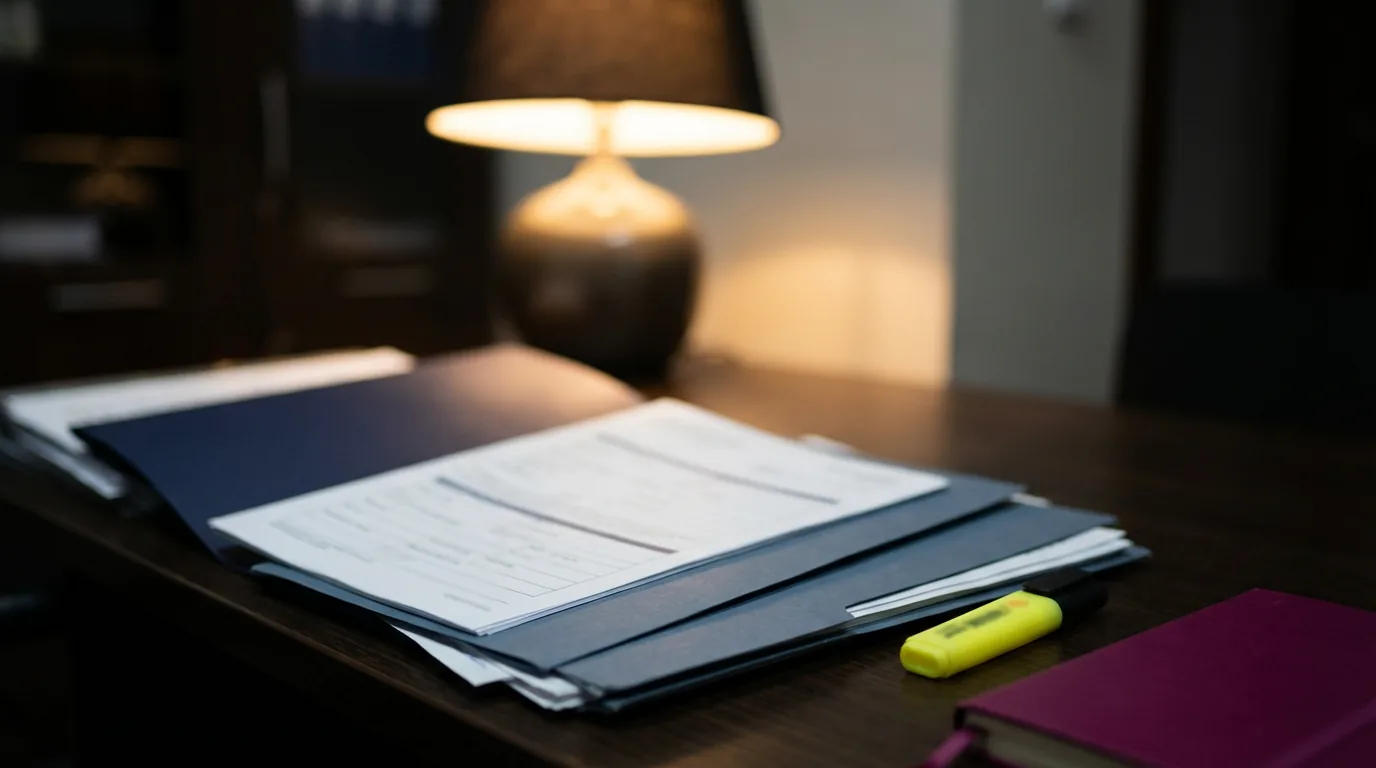 1200x800px Nahaufnahme Polisunterlagen und Marker auf einem dunklen Schreibtisch, sachlich